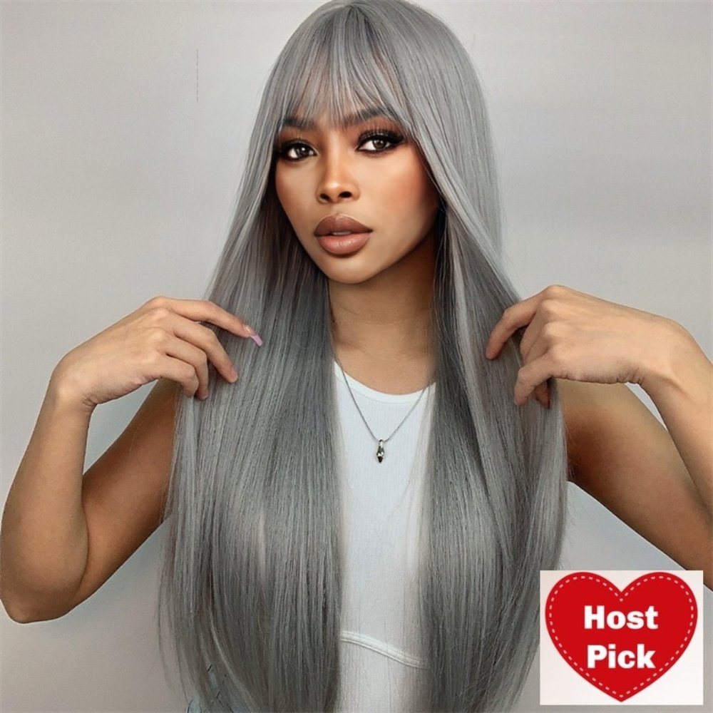 Long Straight Hair Wig with Bangs Ash Gray Wig - Hip Length